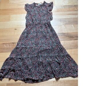 BB Dakota Dress Women S/M Black Floral Ruffle Flutter Sleeve Tiered Midi